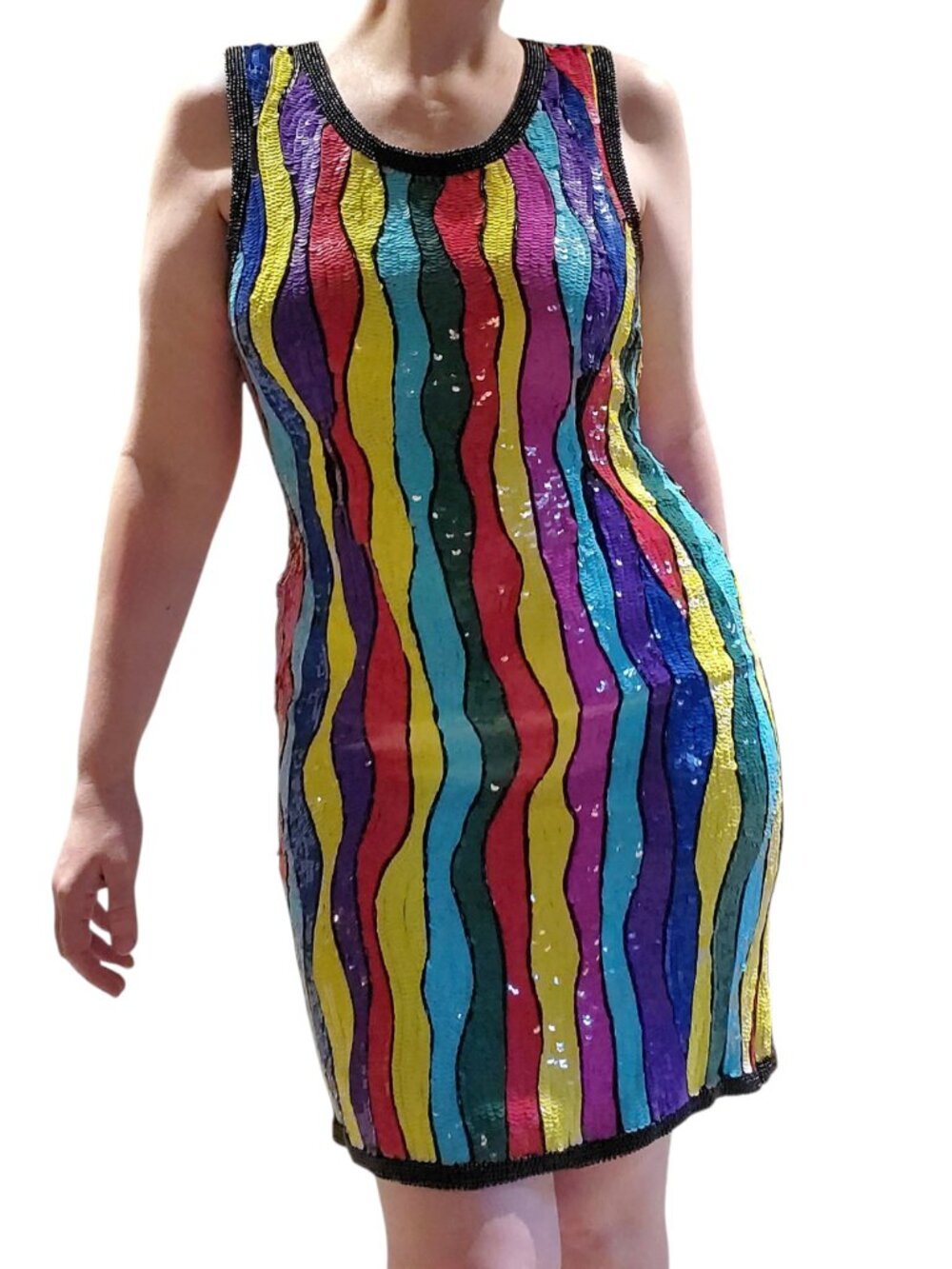 Creative Creations Vintage Silk Rainbow Sequin Mini Dress Disco Holiday Party L